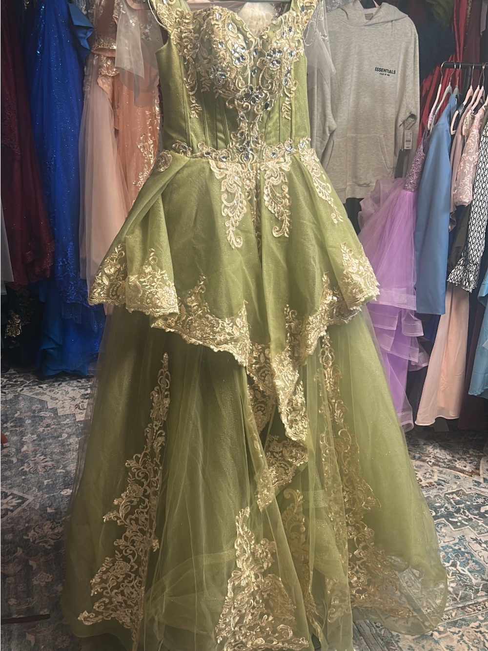 Olive Green Formal Tulle Gown with Gold Appliqué